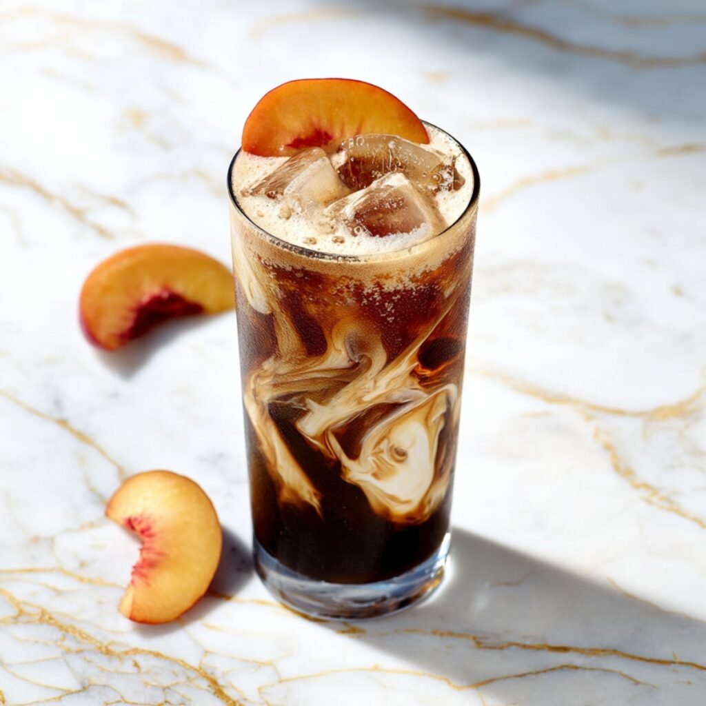 Dirty Peach Coke in a tall glass with creamy swirls, ice, and a fresh peach slice garnish on a gold marble surface.