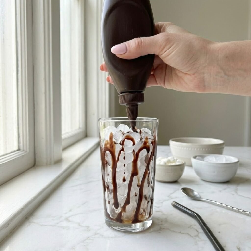 Square close-up shot focusing on a young woman's hand with baby pink manicured nails holding a squeeze bottle and drizzling thick chocolate syrup in vertical stripes inside a tall clear glass, which is already filled with pebble ice, set upon a white marble counter.