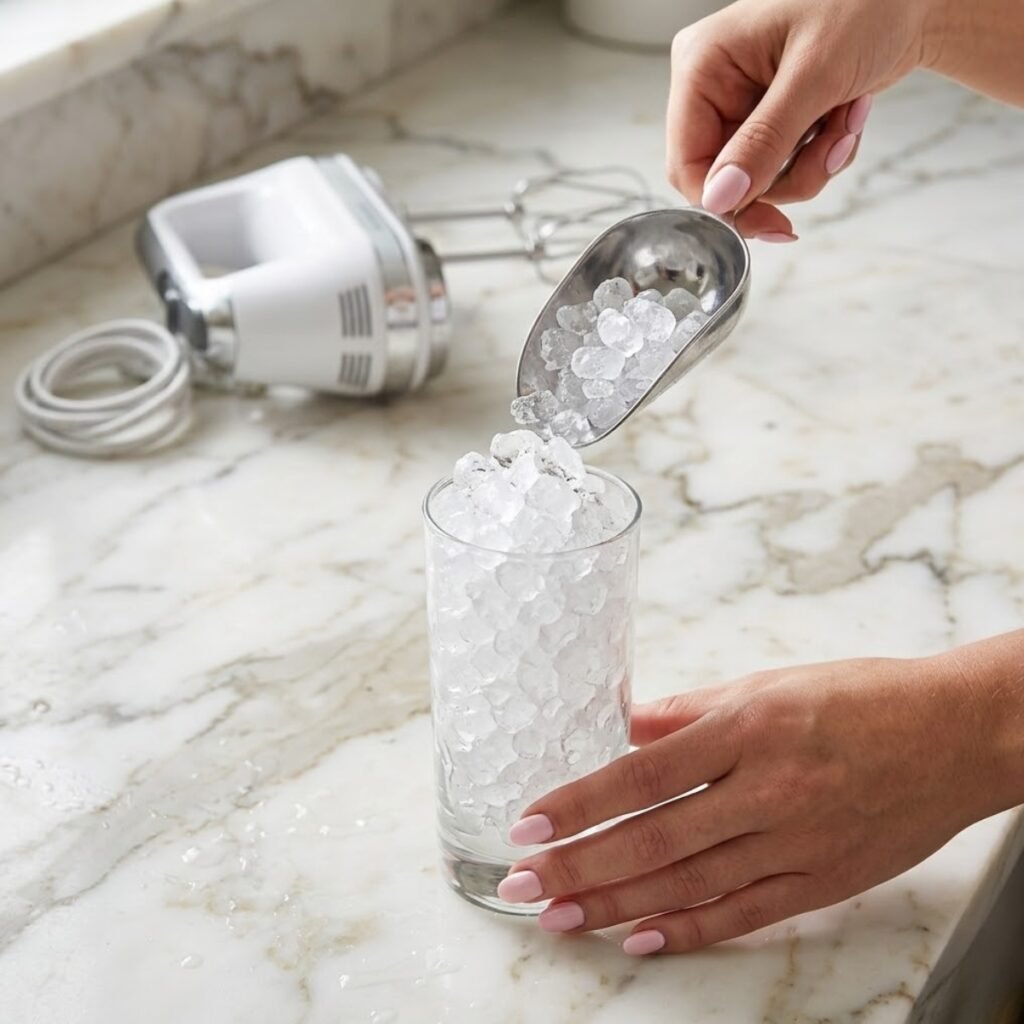 Square close-up shot focusing on a young woman's hands with baby pink manicured nails using a scoop to fill a tall glass with pebble ice on a white marble counter.