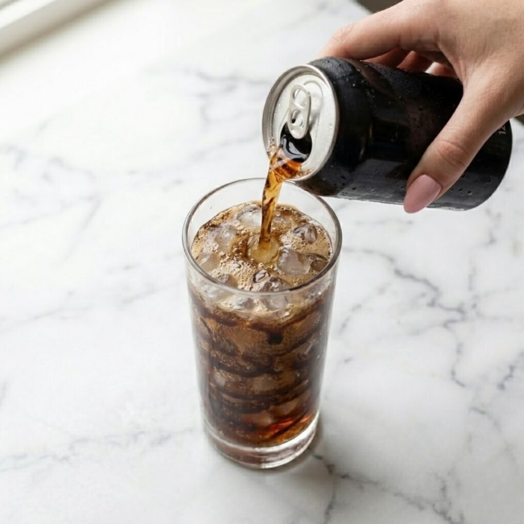 Square close-up shot focusing on a young woman's hand with baby pink manicured nails holding a condensation-covered can and slowly pouring fizzy classic dark cola into a tall glass already containing pebble ice, vertical chocolate stripes, and toasted marshmallow syrup, set upon a white marble counter.