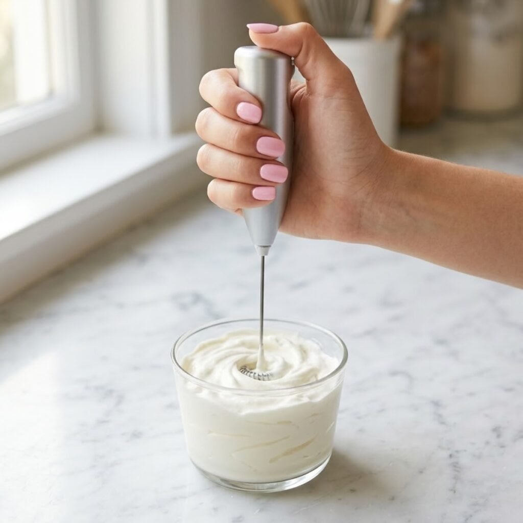 Hand with pink nails using a handheld frother to whip heavy cream into thick peaks on a white marble counter.