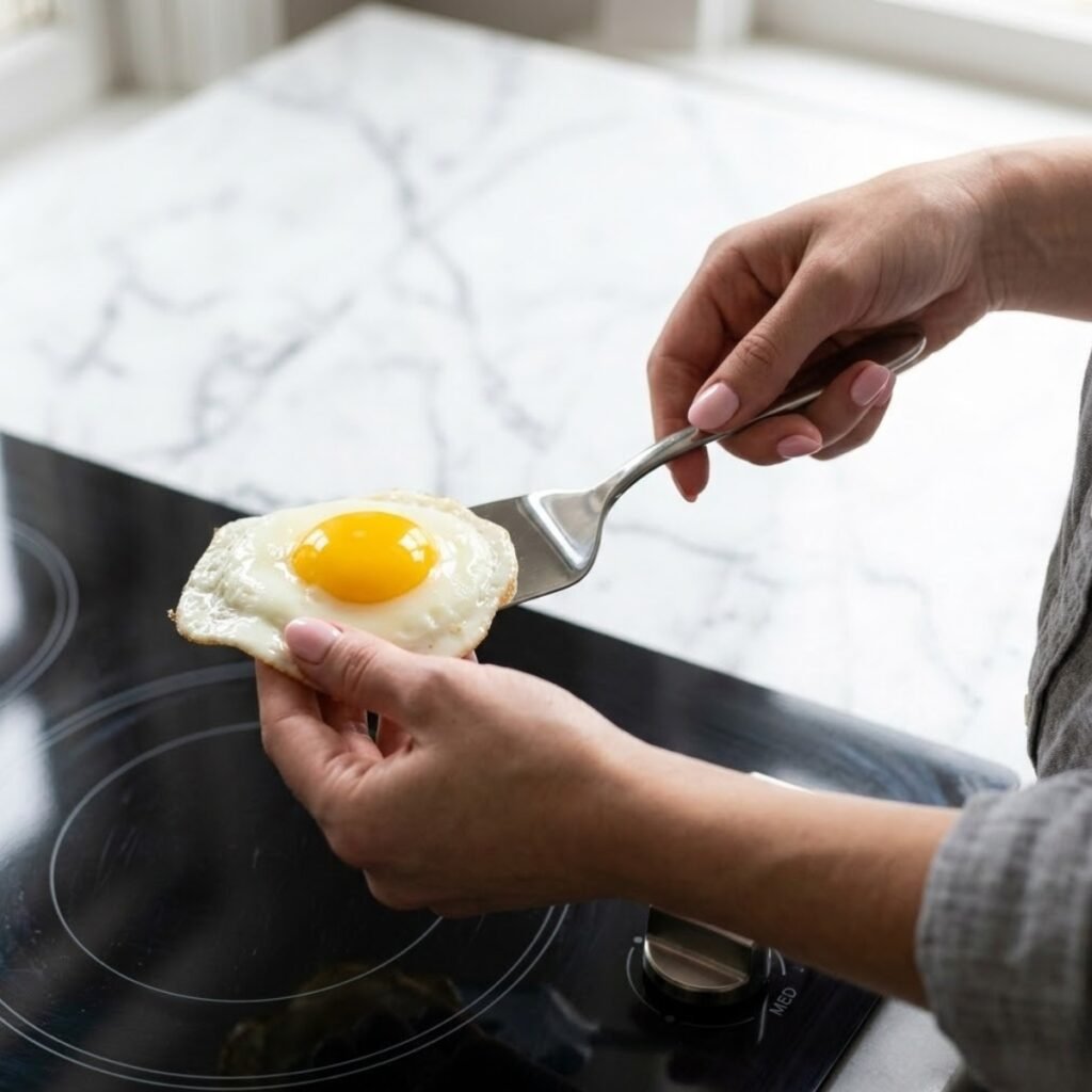 Square high-angle shot focusing on a young woman's hands with baby pink manicured nails using a spatula to tend a fried egg with a runny yolk in a pan on a hob with a white marble background.