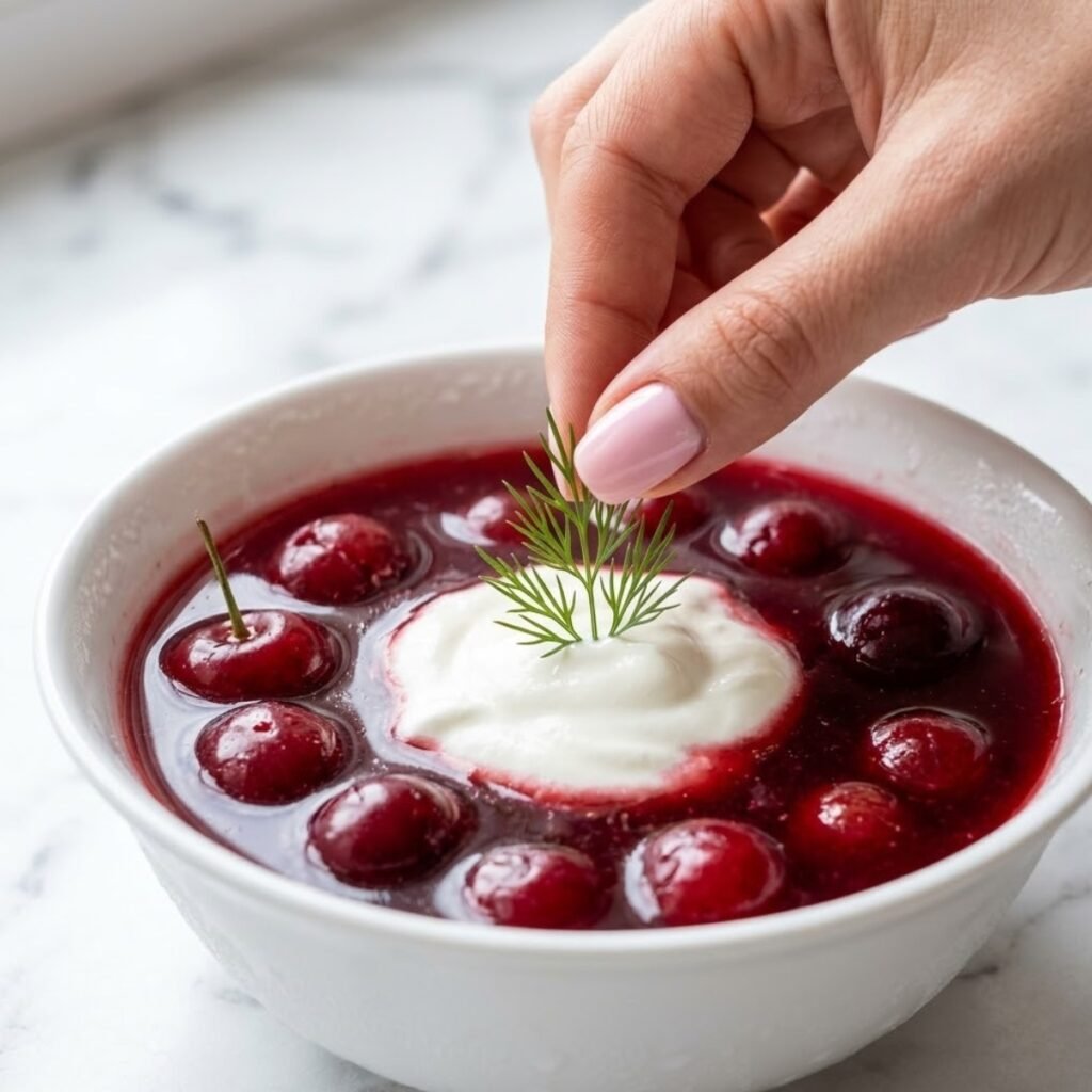 Hand with pink nails garnishing cherry soup with cream and dill on marble.