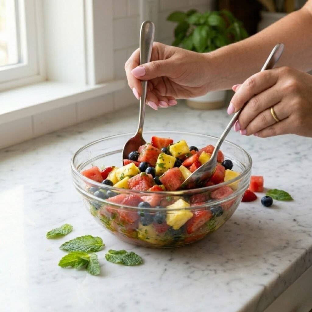 Square close-up focusing on a young woman's hands with baby pink manicured nails using two spoons to gently toss a large bowl of colorful mixed fruit salad with its lime-mint dressing on a white marble counter.