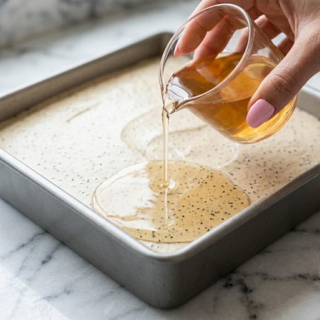 Square extreme close-up focusing on a young woman's hand with baby pink manicured nails holding a small glass pitcher and slowly pouring a clear, amber Earl Grey tea jelly glaze over the smooth, speckled set mousse layer of the cheesecake in a square pan on a white marble counter.