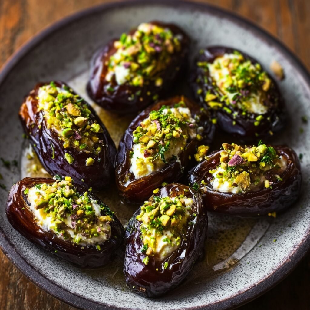 Honey Pistachio Ricotta Stuffed Dates on a dark plate with plump Medjool dates filled with creamy ricotta and topped with crushed pistachios and honey.