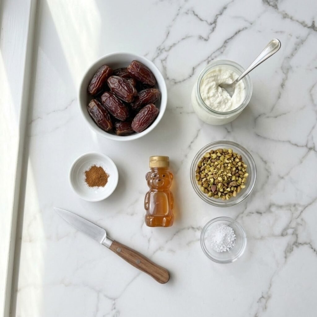 Square overhead view of raw ingredients for honey pistachio ricotta stuffed dates, including Medjool dates, ricotta, pistachios, honey, cinnamon, and sea salt, neatly arranged on a white marble counter. No hands.