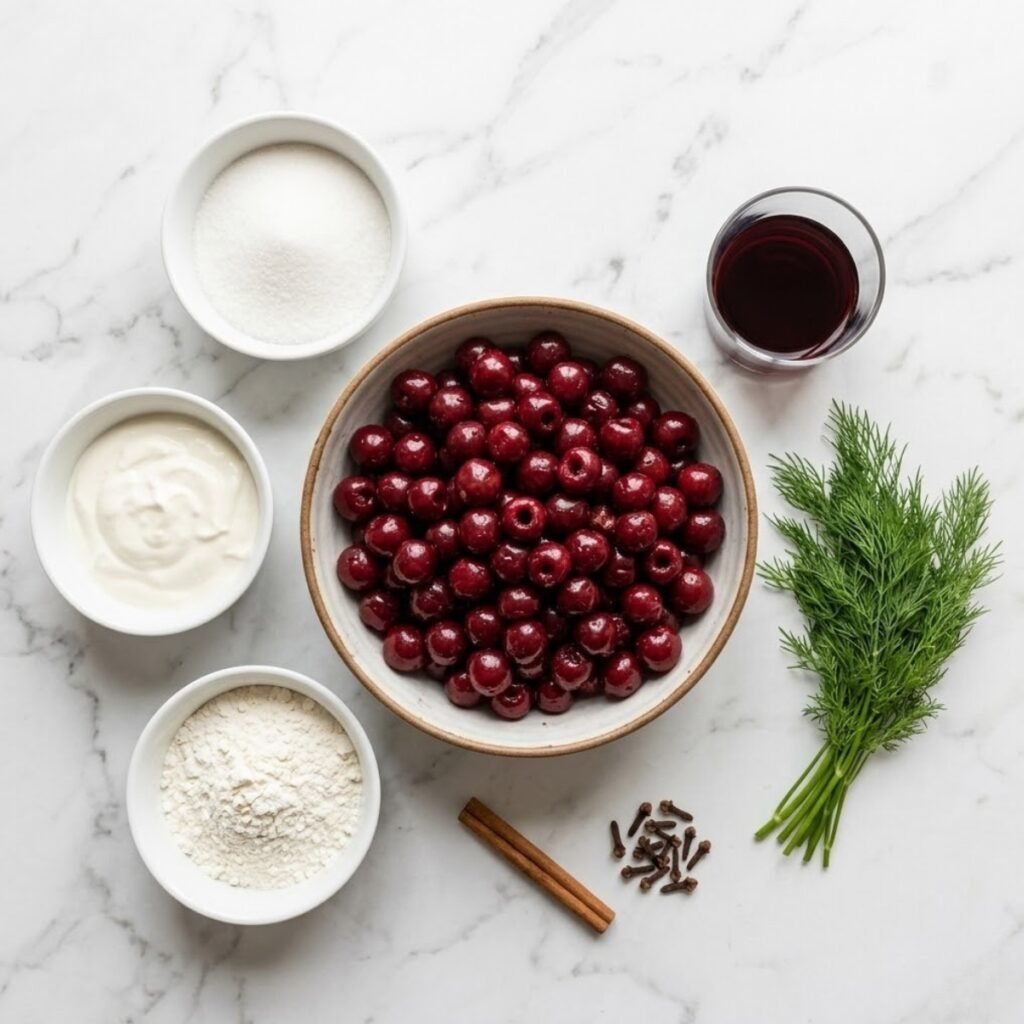 Overhead view of raw cherries, spices, cream, and wine on white marble.