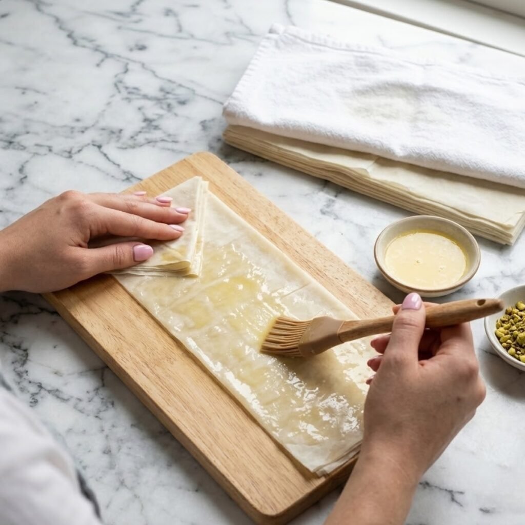 Square close-up focusing on a young woman's hands with baby pink manicured nails as she applies melted butter to a long phyllo dough strip using a pastry brush, revealing the established hand features on a white marble counter. The damp towel-covered phyllo stack is nearby.