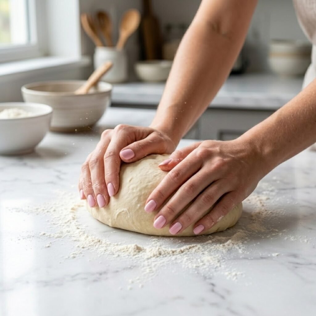 Square high-angle shot focusing on a young woman's hands with baby pink manicured nails kneading smooth, elastic dough on a floured white marble counter.