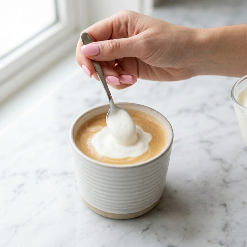 Hand with pink nails spooning thick whipped cream over a tan coffee base in a ribbed ceramic mug on marble.