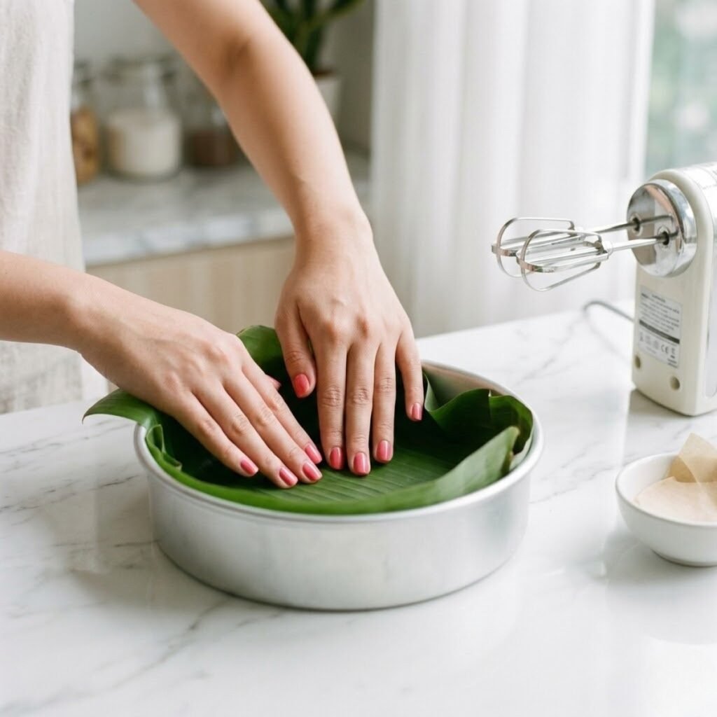 Square close-up shot focusing on a young woman's hands with baby pink manicured nails using a banana leaf to line a round baking pan on a white marble counter.