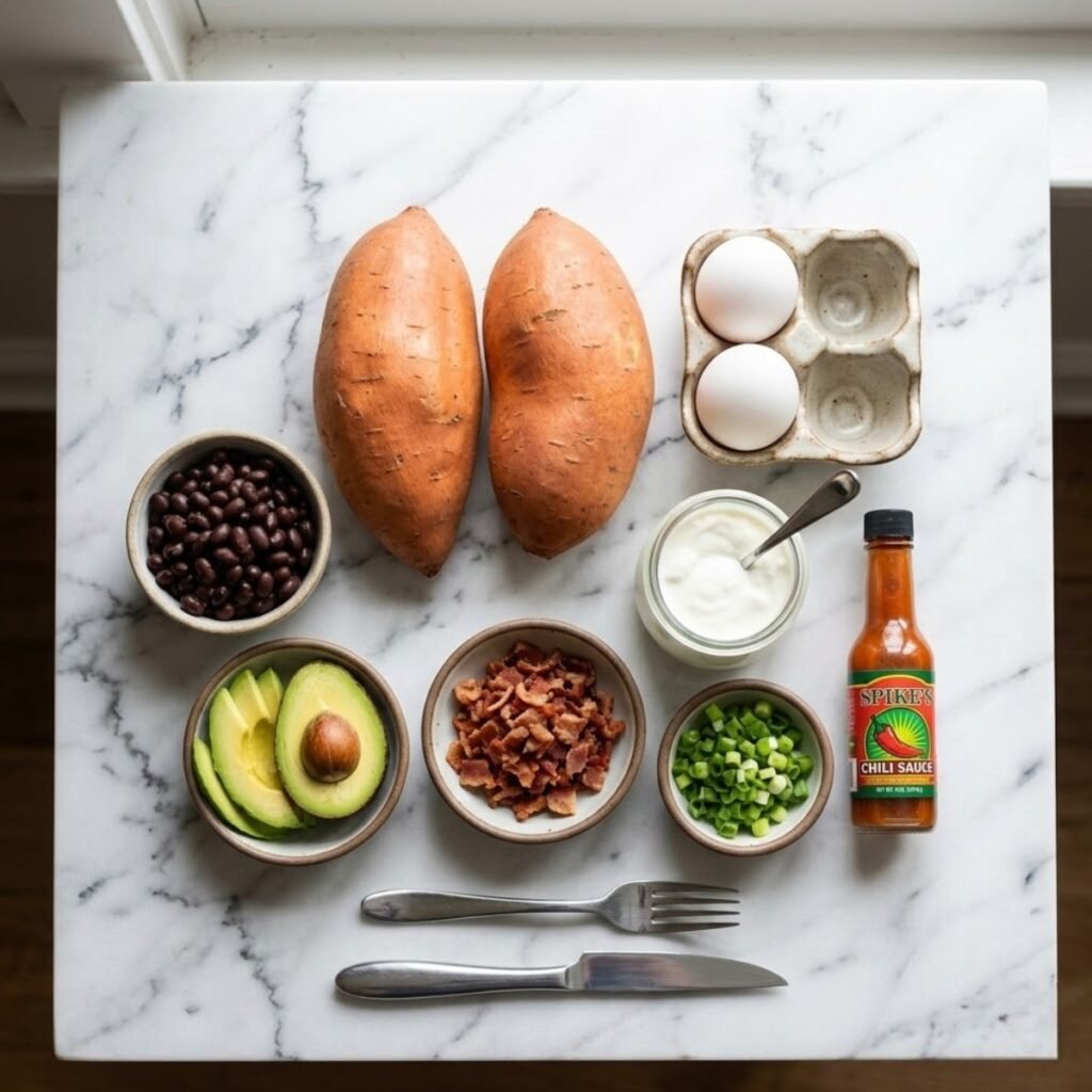 Square overhead view of raw ingredients for loaded breakfast sweet potatoes, including sweet potatoes, eggs, black beans, avocado slices, bacon bits, Greek yogurt, and green onions, neatly arranged on a white marble counter. No hands.