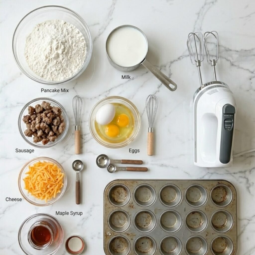 Square overhead view of raw ingredients for McGriddle bites, including pancake mix, milk, eggs, sausage crumbles, cheddar cheese, and maple syrup, neatly arranged on a white marble counter. No hands.