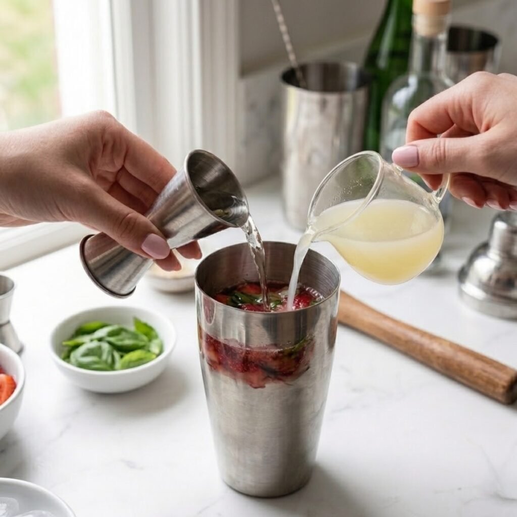 Square medium high-angle close-up capturing a woman's hand with baby pink manicured nails using a jigger to pour gin (or vodka) and fresh lemon juice directly over a muddled strawberry-basil base inside a cocktail shaker, which sits on a white marble kitchen counter. Bubbles are forming.