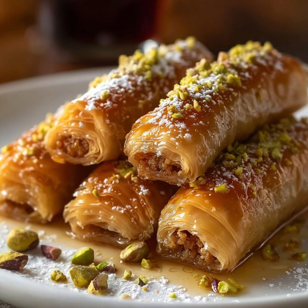 A plate of Moroccan honey and almond cigars made with golden crispy phyllo pastry, drizzled with honey and dusted with powdered sugar, topped with chopped pistachios, stacked on a white plate with scattered pistachios around them.