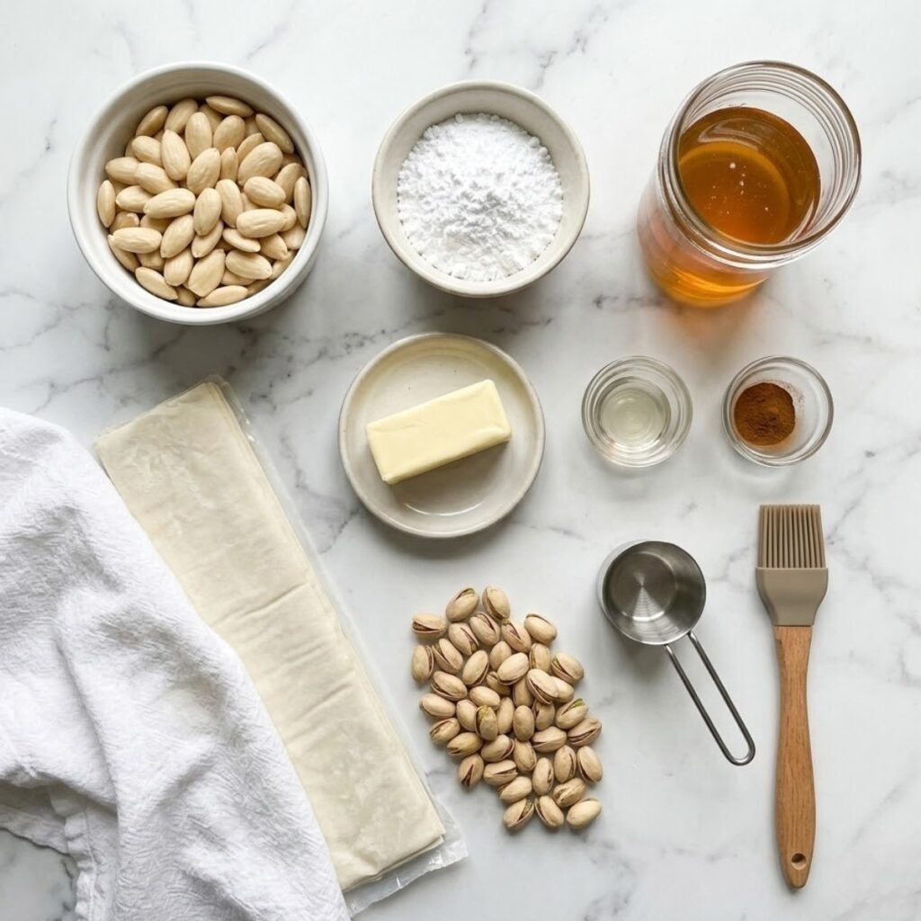 Square overhead view of raw ingredients for Moroccan almond cigars, including blanched almonds, phyllo dough, honey, butter, powdered sugar, orange blossom water, cinnamon, and whole pistachios, neatly arranged as separated components on a white marble counter. No hands.