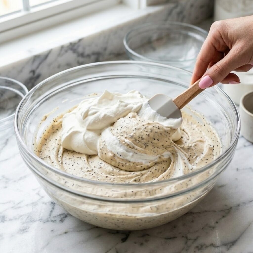 Square overhead close-up shot focusing on a young woman's hand with baby pink manicured nails using a silicone spatula to fold whipped cream into a speckled Earl Grey cream cheese mousse mixture in a large glass bowl on a white marble counter.