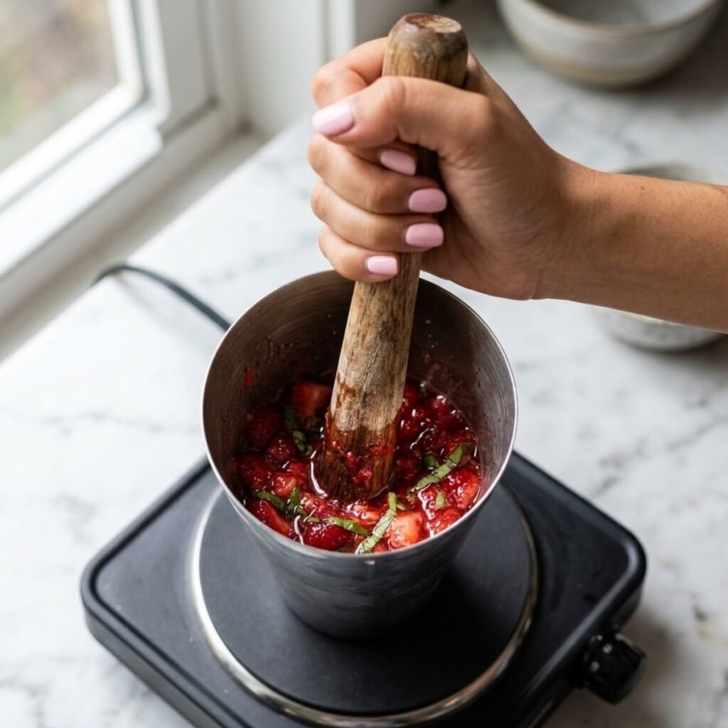Square close-up shot focusing on a young woman's hand with baby pink manicured nails using a wooden muddler to press and crush fresh strawberries and basil inside the bottom of a cocktail shaker, releasing vibrant juices on a white marble counter.