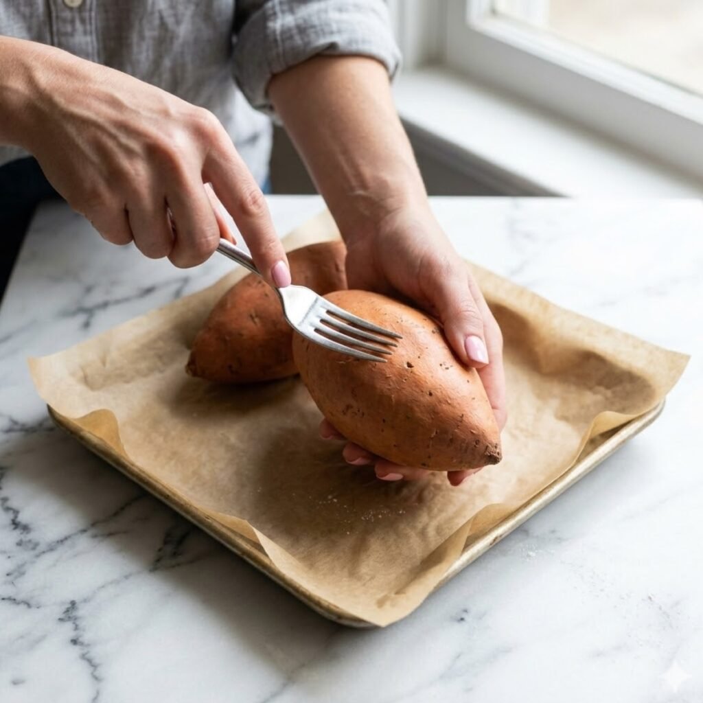 Person piercing sweet potatoes with fork