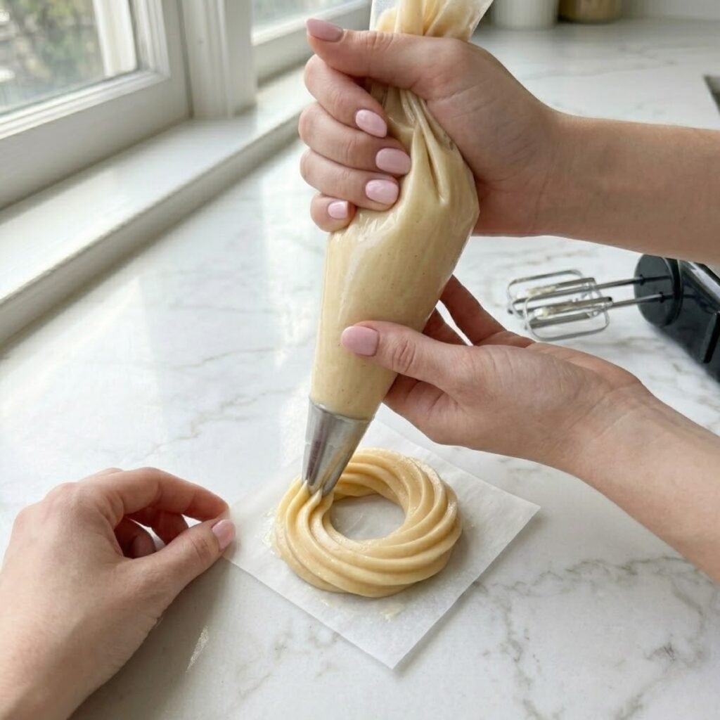 Square high-angle shot focusing on a young woman's hands with baby pink manicured nails using a piping bag with a star tip to create a cruller ring of choux dough on parchment paper on a white marble counter.