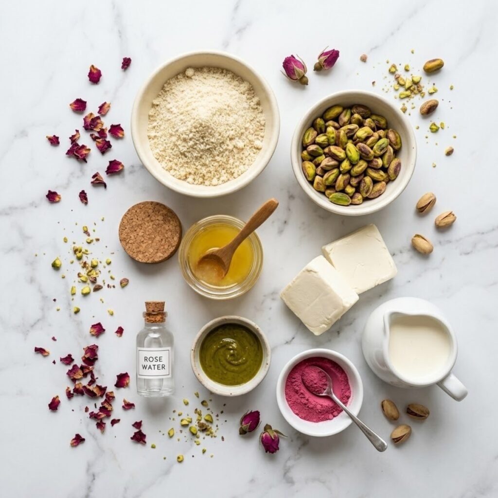 Top-down view of various dessert ingredients like almond flour, pistachios, cream cheese, and rose water arranged on a marble counter.