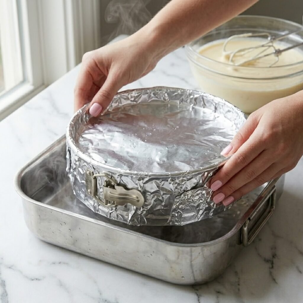 Square shot focusing on a young woman's hands with baby pink manicured nails lowering a foil-wrapped cheesecake pan into a large roasting tray for a water bath on a white marble counter.