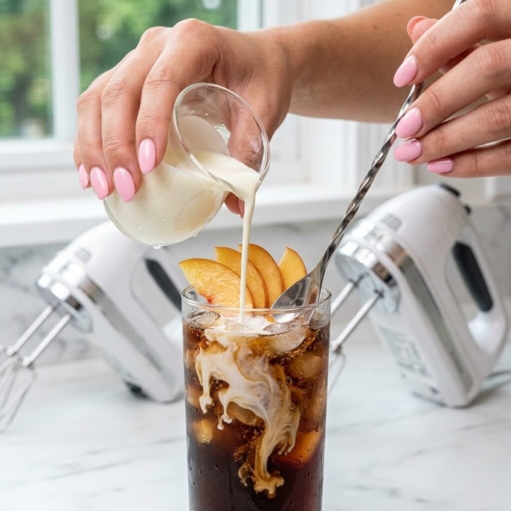 Square extreme close-up focusing on a young woman's hands with baby pink manicured nails pouring heavy cream into a tall glass of dark soda and peach slices on a white marble counter, creating a marble effect.