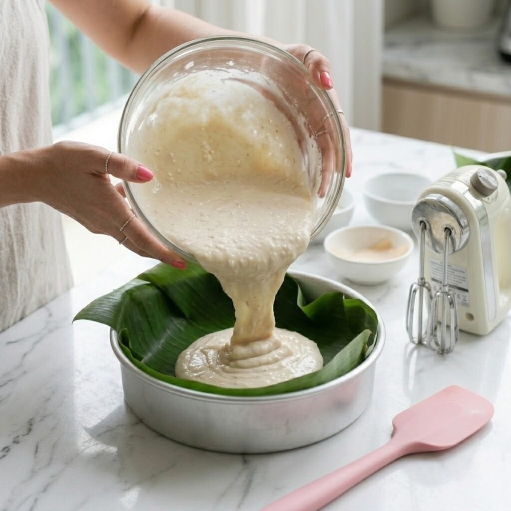 Square close-up shot focusing on a young woman's hands with baby pink manicured nails pouring thick coconut cake batter into a banana-leaf lined baking pan on a white marble counter.