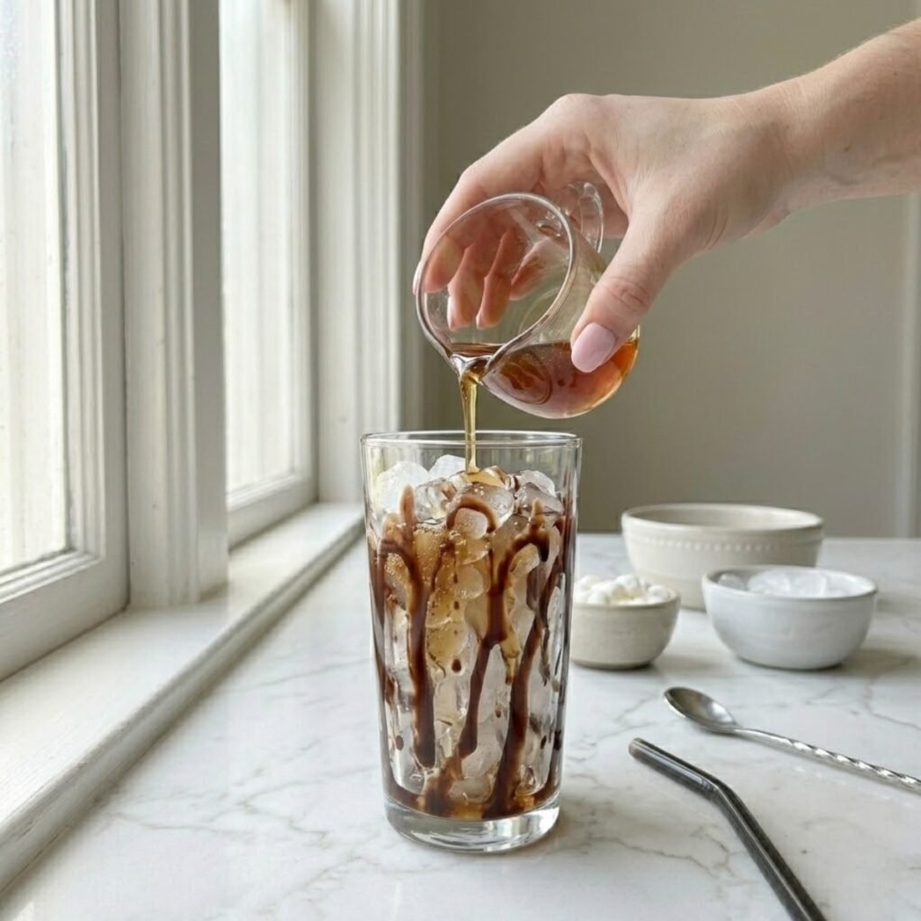 Square high-angle close-up focusing on a young woman's hand with baby pink manicured nails pouring concentrated toasted marshmallow syrup from a small glass pitcher into a tall glass filled with pebble ice and vertical chocolate stripes, set upon a white marble kitchen counter.