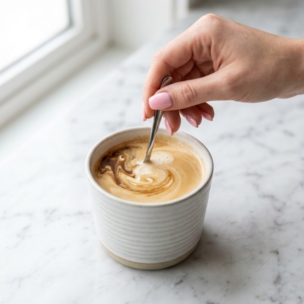 Hand with pink nails stirring coffee, milk, and vanilla syrup in a ribbed mug on a marble counter.