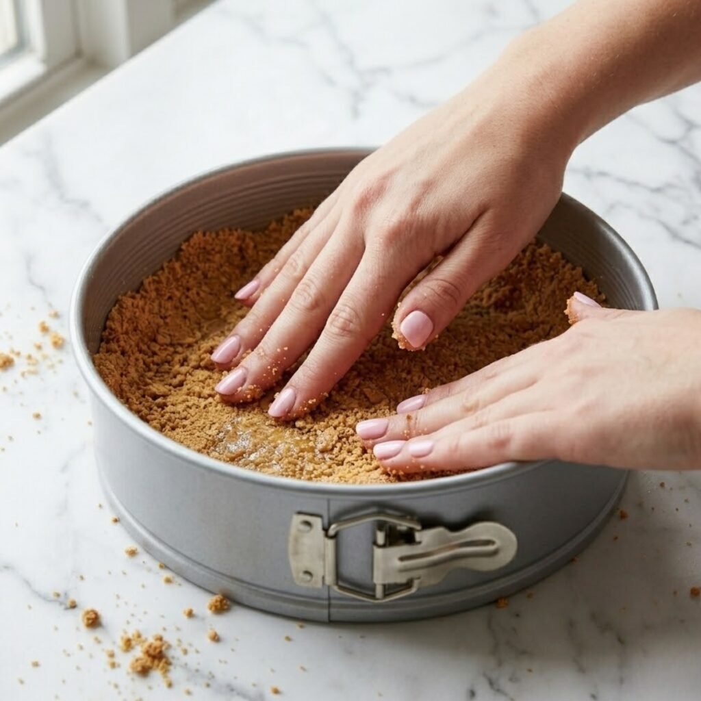 Square close-up shot focusing on a young woman's hands with baby pink manicured nails pressing a graham cracker crumb crust mixture into a springform pan on a white marble counter.