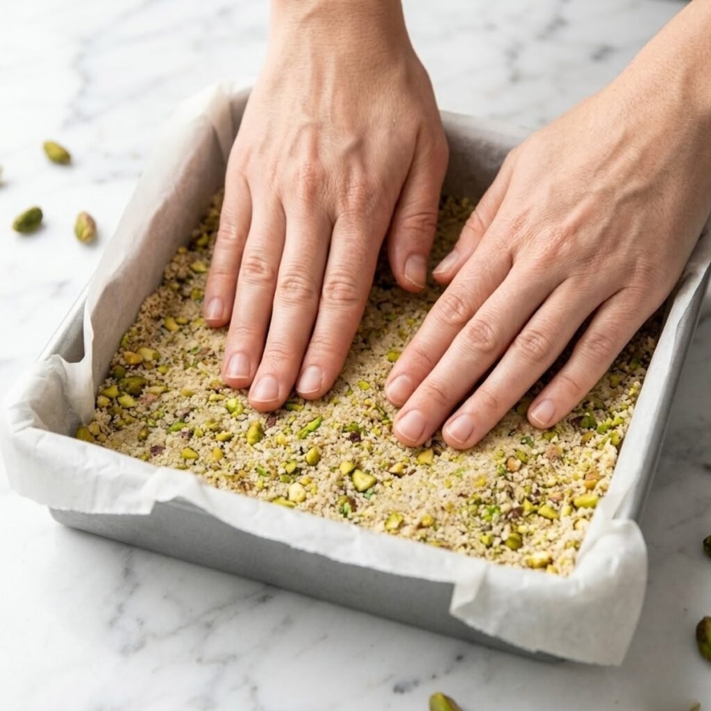 Hands pressing a green and beige nut-based crust into a square baking tin lined with parchment paper.