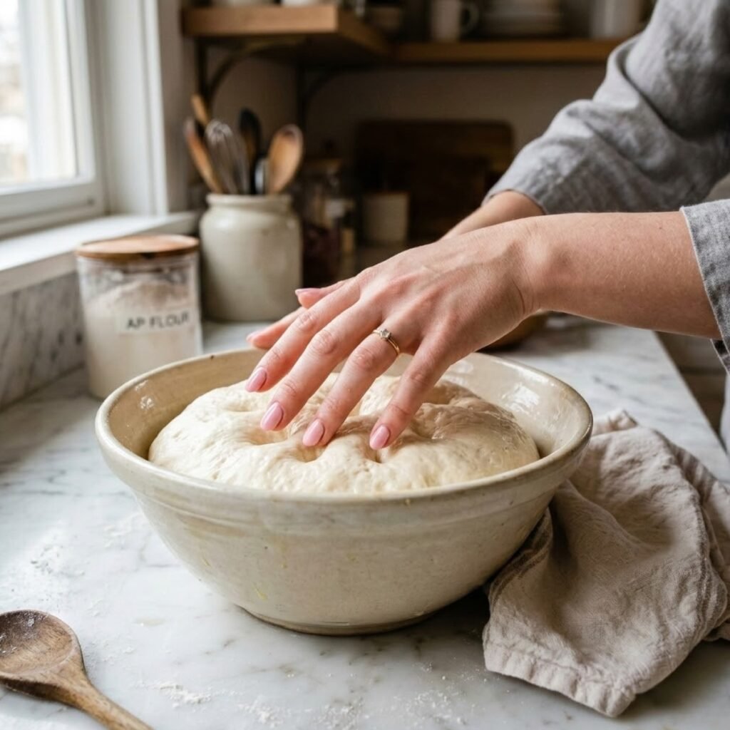 Square close-up shot focusing on a young woman's hand with baby pink manicured nails gently punching down a risen ball of dough inside a bowl on a white marble counter.