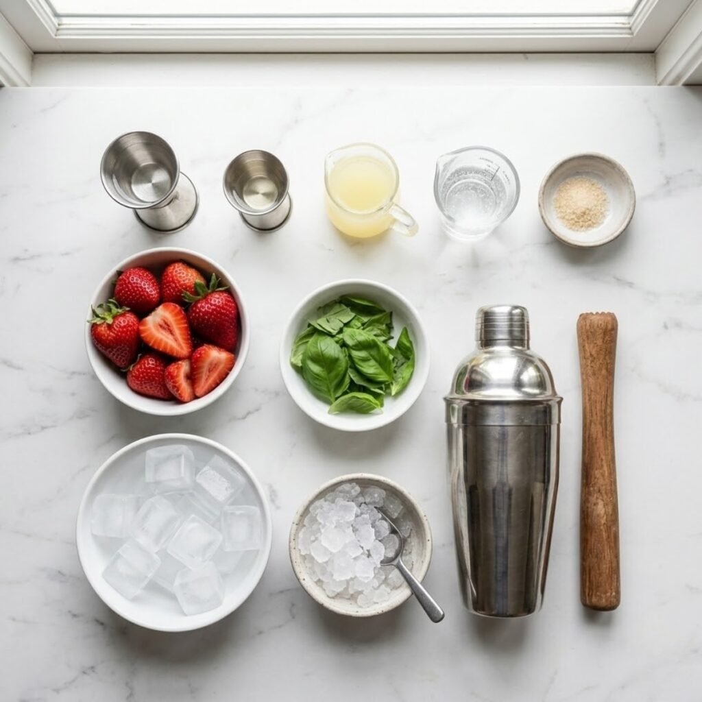 Square overhead view of raw ingredients for Strawberry Basil Smash Cocktail, including strawberries, basil leaves, gin/vodka, lemon juice, simple syrup, club soda, ice, and coarse sugar, neatly arranged as separated components on a white marble counter. A cocktail shaker and muddler are visible. No hands.