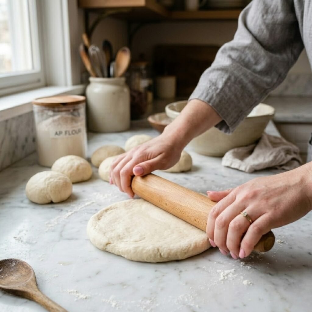 Square shot focusing on a young woman's hands with baby pink manicured nails using a rolling pin to flatten a ball of dough into a circle on a white marble counter.