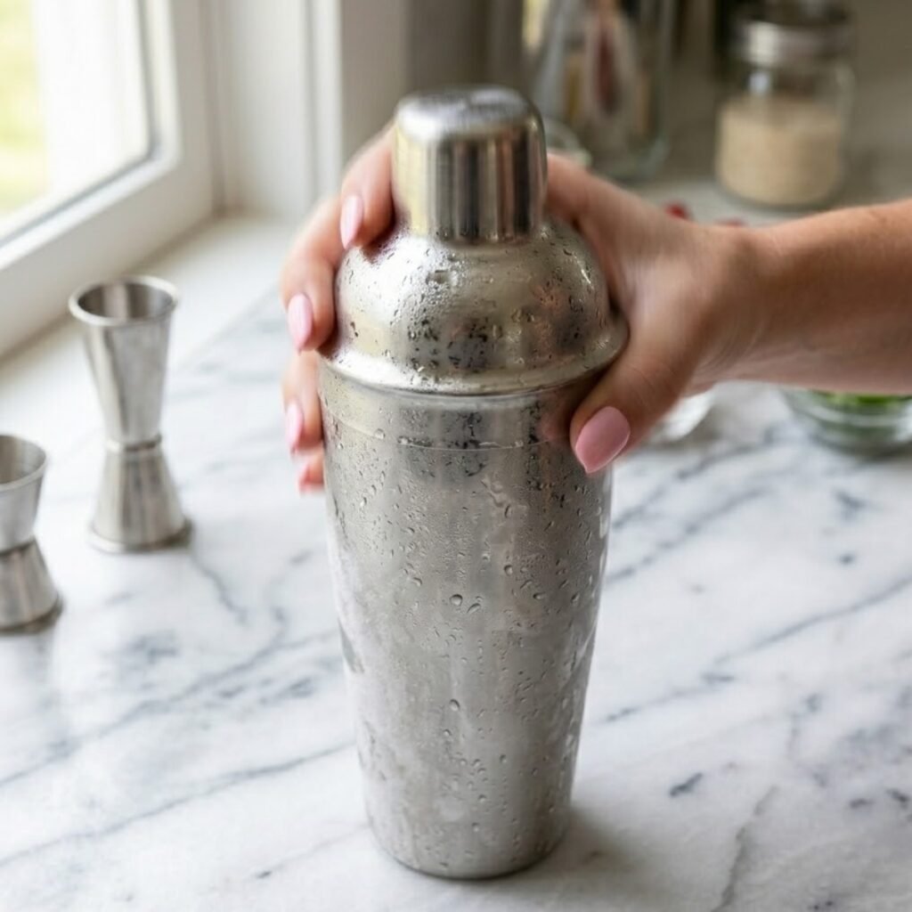 Square high-angle close-up focusing on a young woman's hands with baby pink manicured nails securely gripping and vigorously shaking a cocktail shaker, which is visibly frosted on the outside. Small bubbles of condensation form. The shaker rests upon a white marble kitchen counter.