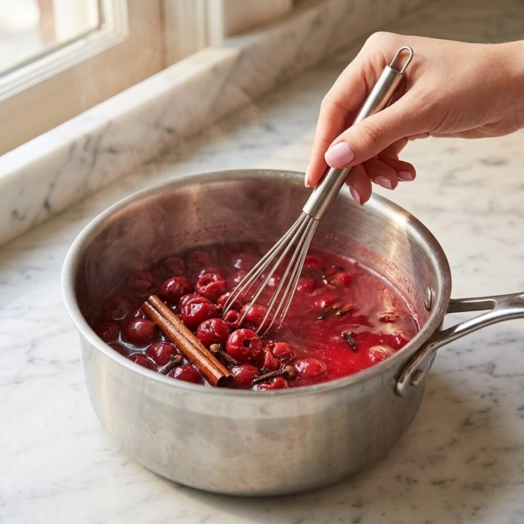 Hand with pink nails stirring a simmering pot of cherries and spices on a marble counter.
