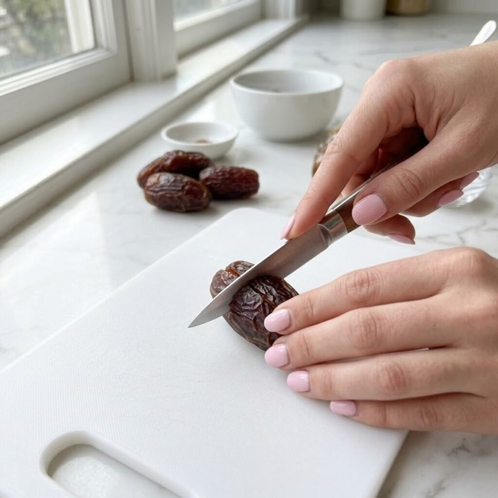 Square close-up shot focusing on a young woman's hands with baby pink manicured nails slicing a Medjool date on a cutting board on a white marble counter.