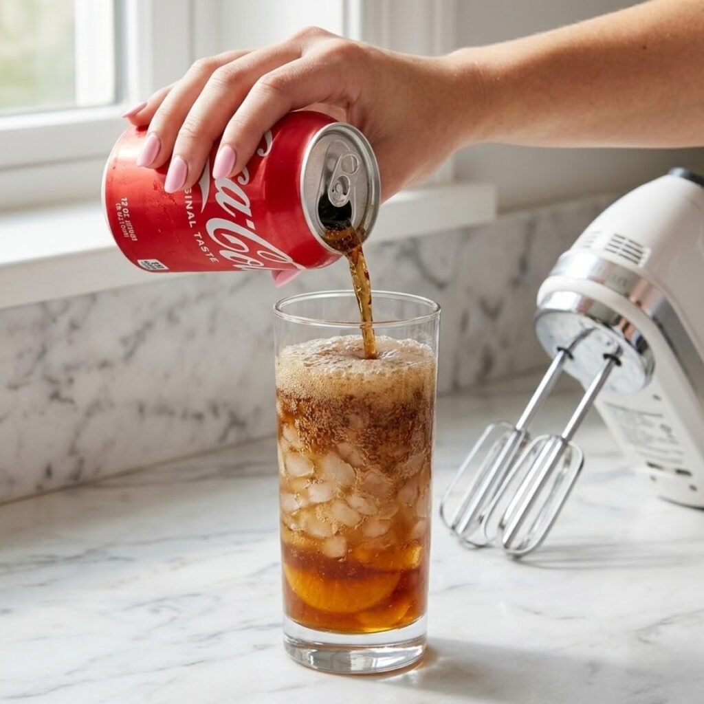 Square close-up shot focusing on a young woman's hand with baby pink manicured nails pouring Coca-Cola into a tall glass with pebble ice and peach syrup on a white marble counter.