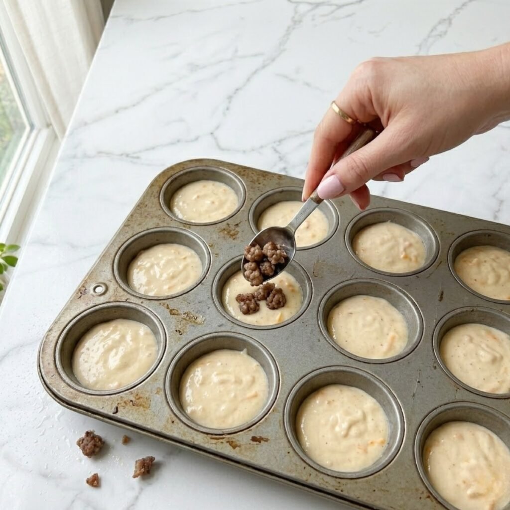 Square close-up shot focusing on a young woman's hand with baby pink manicured nails using a spoon to add sausage filling to partially filled mini muffin wells in a tin on a white marble counter.