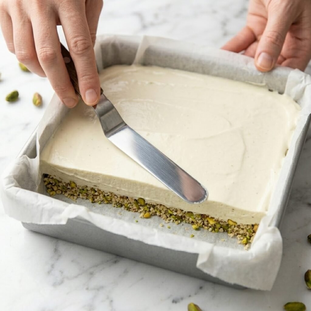 An offset spatula smoothing a thick white cream layer over a pistachio crust in a metal pan.