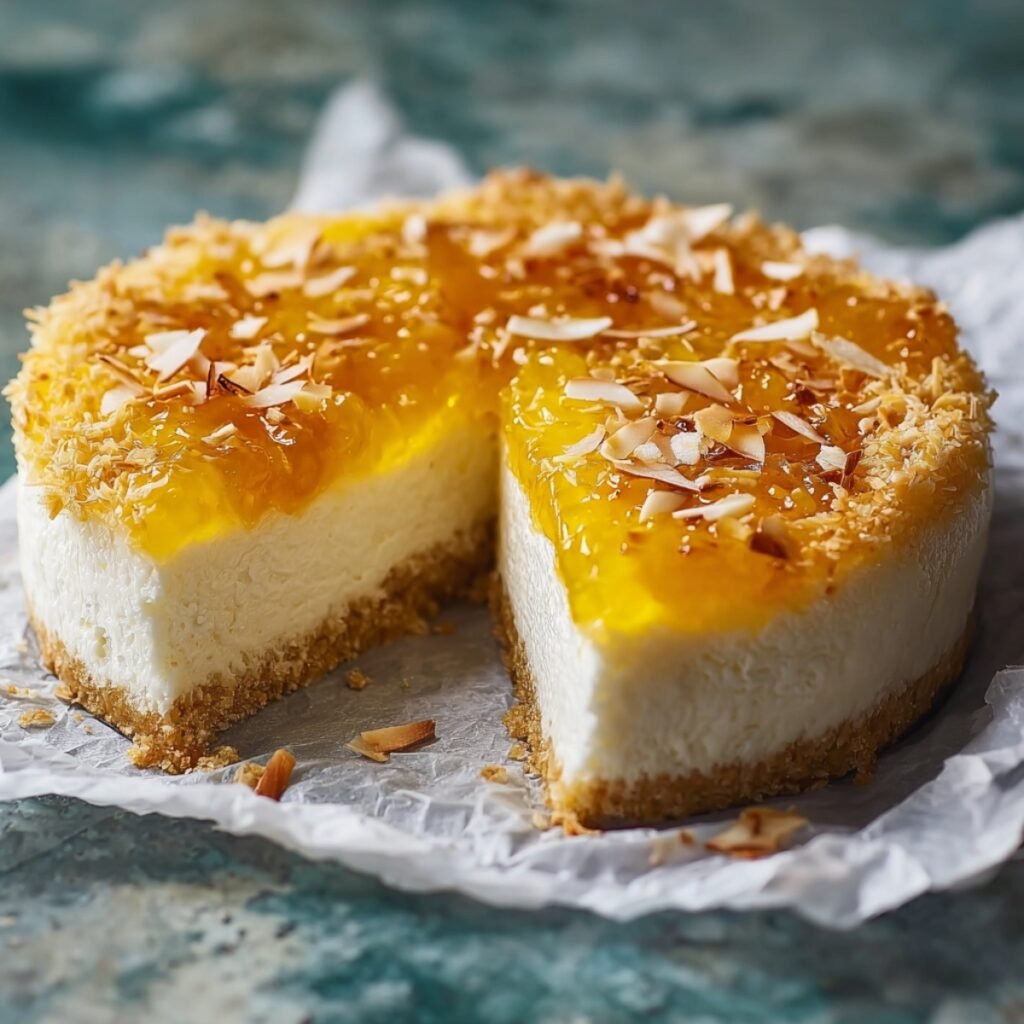 Sticky Coconut Cake with a creamy white coconut filling on a golden crust, topped with glossy tropical fruit glaze and toasted coconut flakes, with one slice removed.