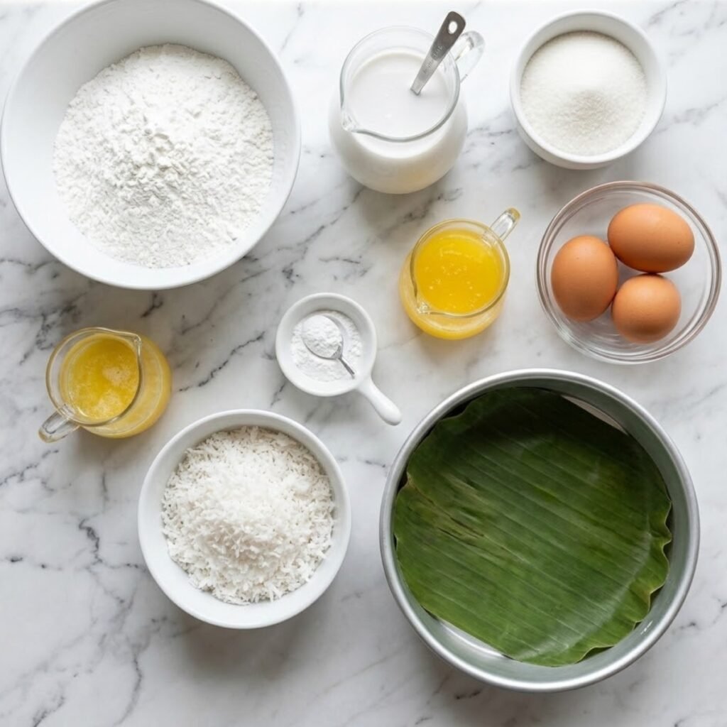 Square overhead view of raw ingredients for a sticky coconut cake, including glutinous rice flour, coconut milk, sugar, eggs, butter, grated coconut, and baking powder, neatly arranged on a white marble counter. No hands.