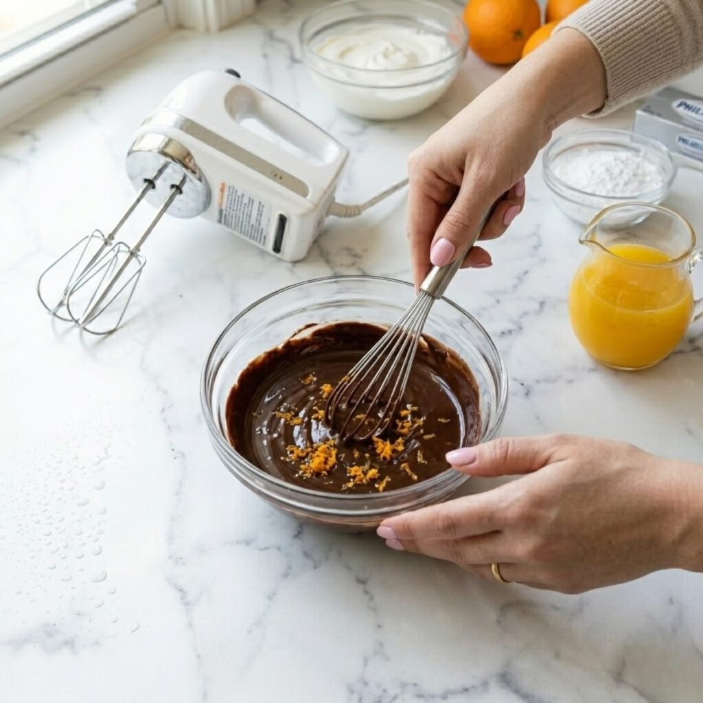 Square close-up shot focusing on a young woman's hands with baby pink manicured nails using a whisk to combine melted dark chocolate and fresh orange zest in a small glass bowl on a white marble counter.
