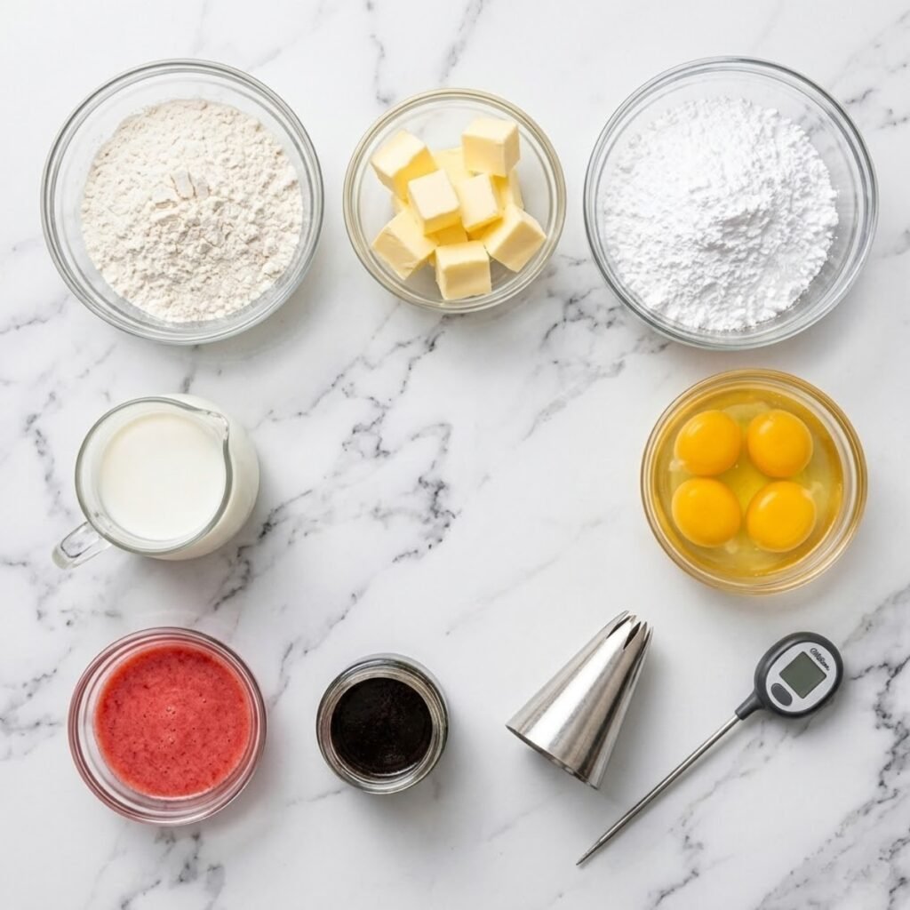 Square overhead view of raw ingredients for strawberry crullers, including flour, butter, eggs, milk, strawberries, powdered sugar, and vanilla, neatly arranged on a white marble counter. No hands.