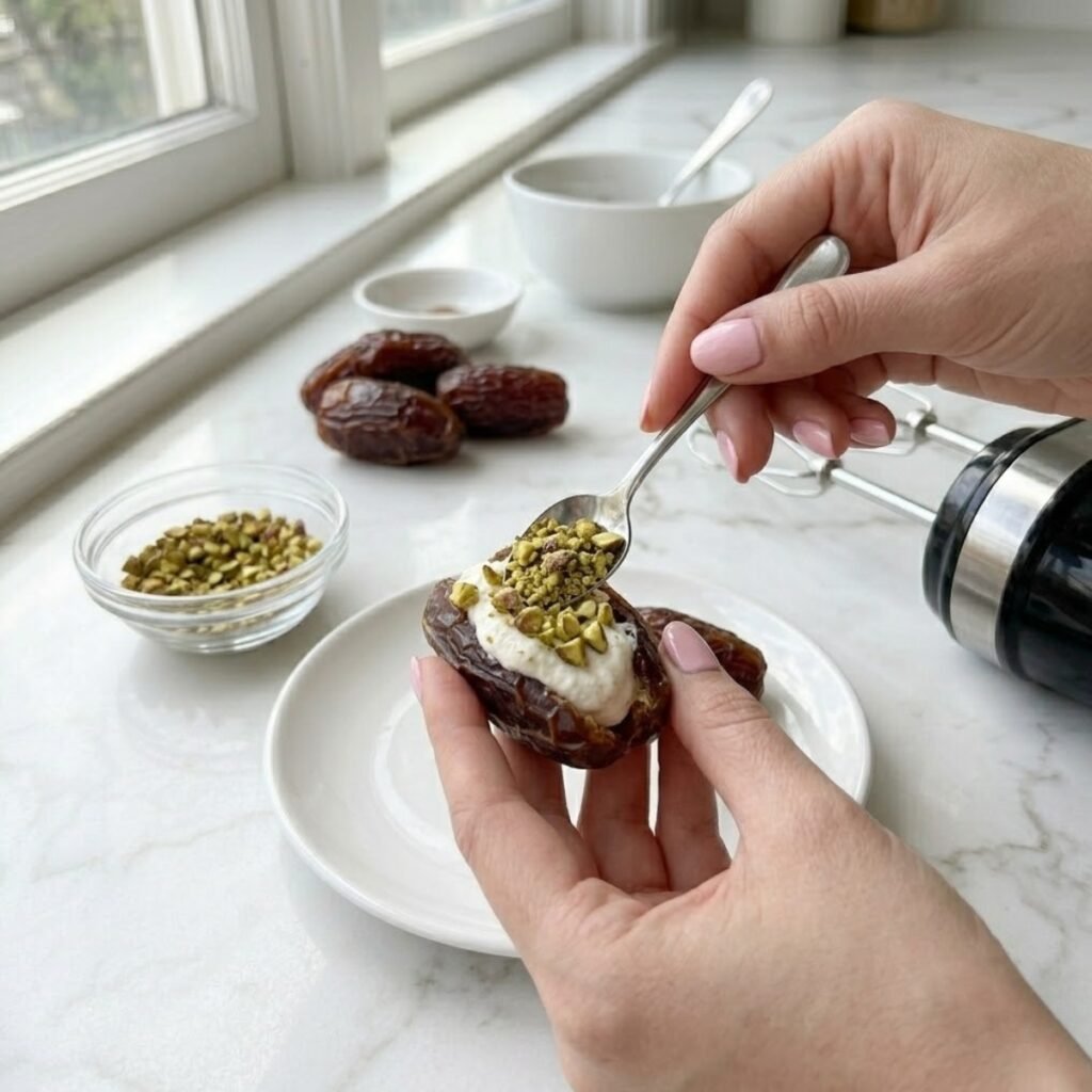 Square close-up shot focusing on a young woman's hands with baby pink manicured nails adding chopped pistachios to a ricotta-stuffed date on a white marble counter.