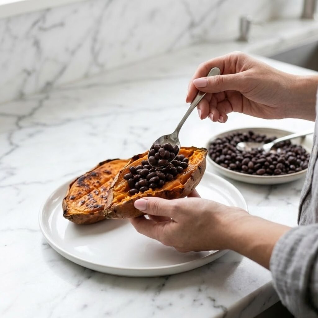 Square close-up shot focusing on a young woman's hands with baby pink manicured nails using a spoon to add black bean filling to a roasted, split sweet potato on a white plate over a white marble counter.