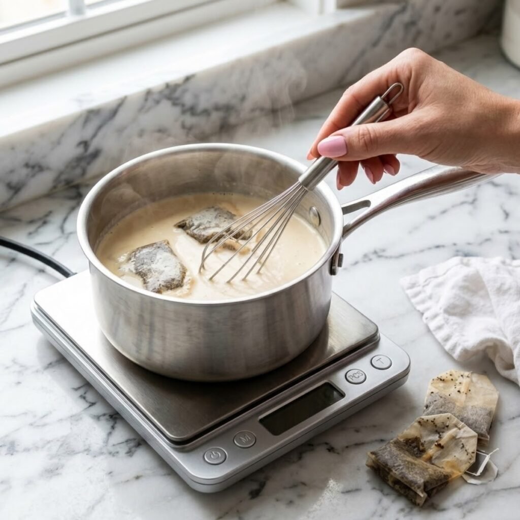 Square close-up shot focusing on a young woman's hand with baby pink manicured nails using a whisk to stir Earl Grey tea bags steeping in heavy cream within a small saucepan on a portable induction hob resting on a white marble counter.