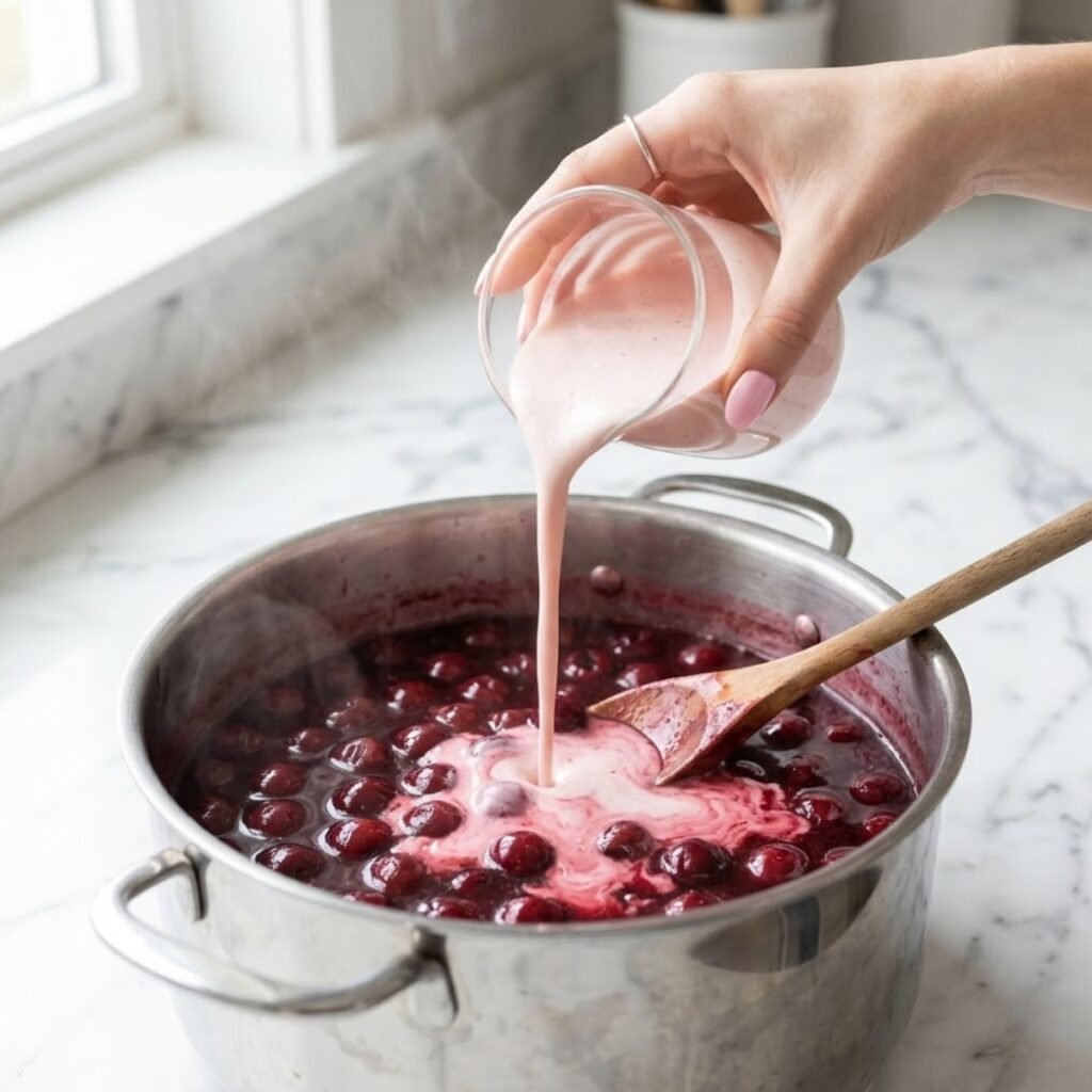 Pouring creamy liaison into a large pot of cherry soup on a marble counter.